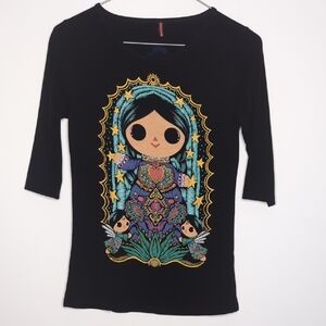 ¡Ay Guey! Women's Small Black Stretch 3/4 Sleeve Saint Bright Graphic Tee Shirt